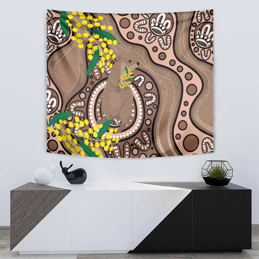 Australia Cute Quokka Tapestry Indigenous Art With Golden Wattle - Vibe Hoodie Shop