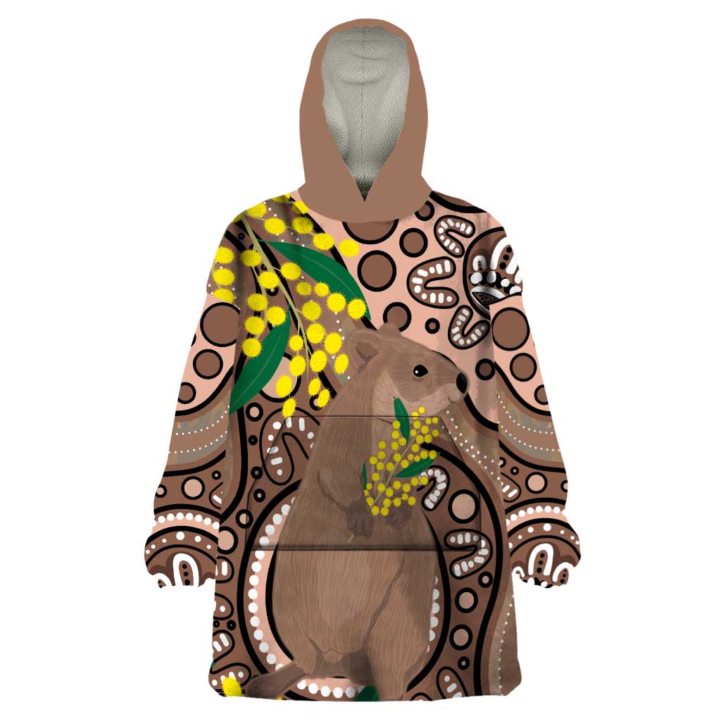 Australia Cute Quokka Wearable Blanket Hoodie Indigenous Art With Golden Wattle - Vibe Hoodie Shop