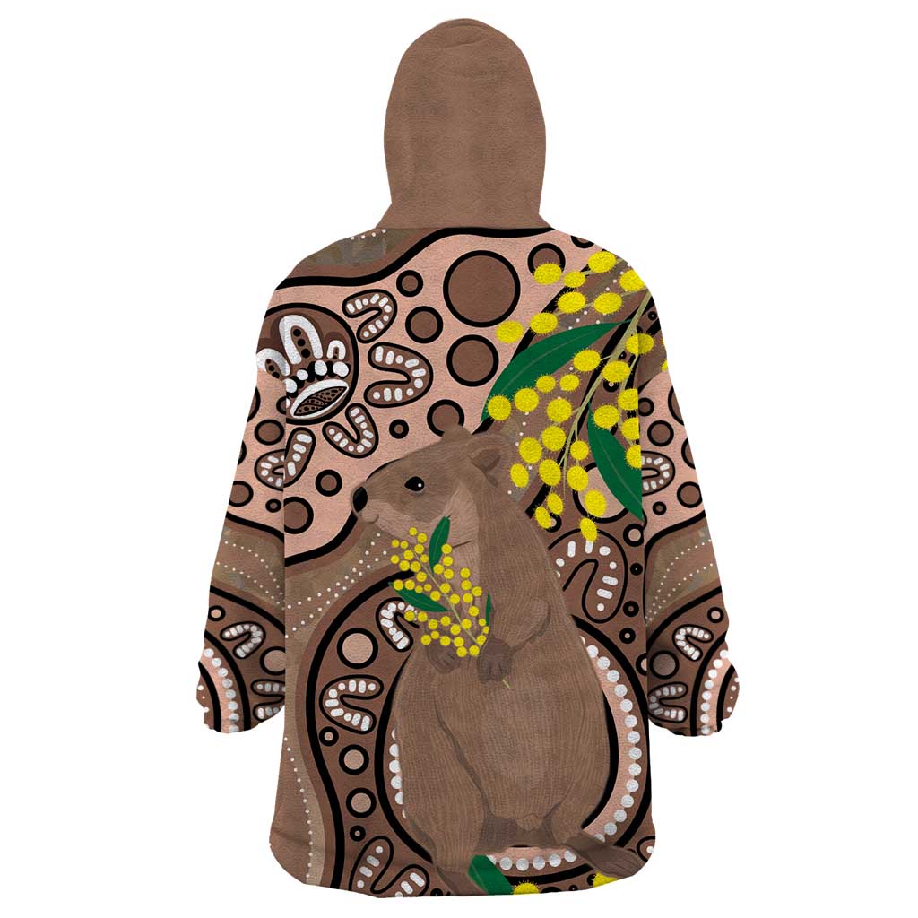 Australia Cute Quokka Wearable Blanket Hoodie Indigenous Art With Golden Wattle - Vibe Hoodie Shop