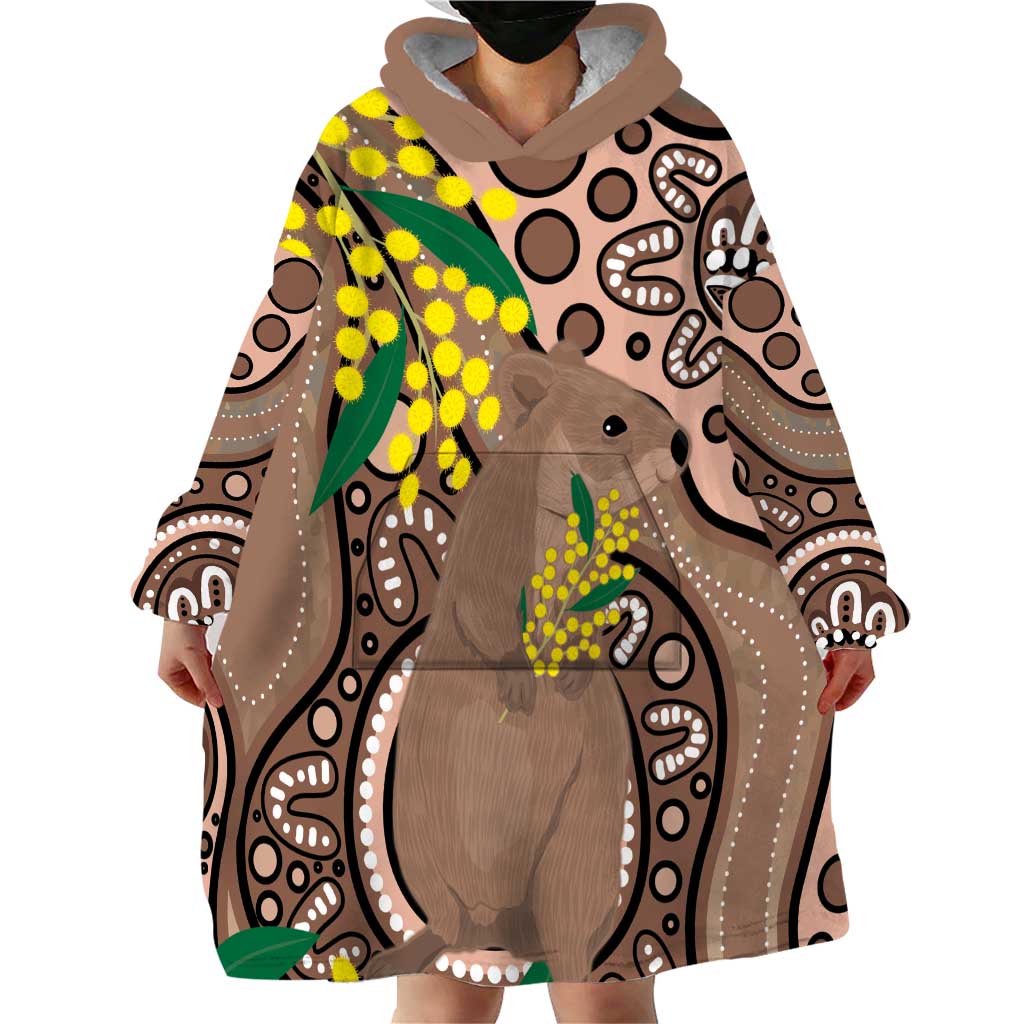 Australia Cute Quokka Wearable Blanket Hoodie Indigenous Art With Golden Wattle - Vibe Hoodie Shop