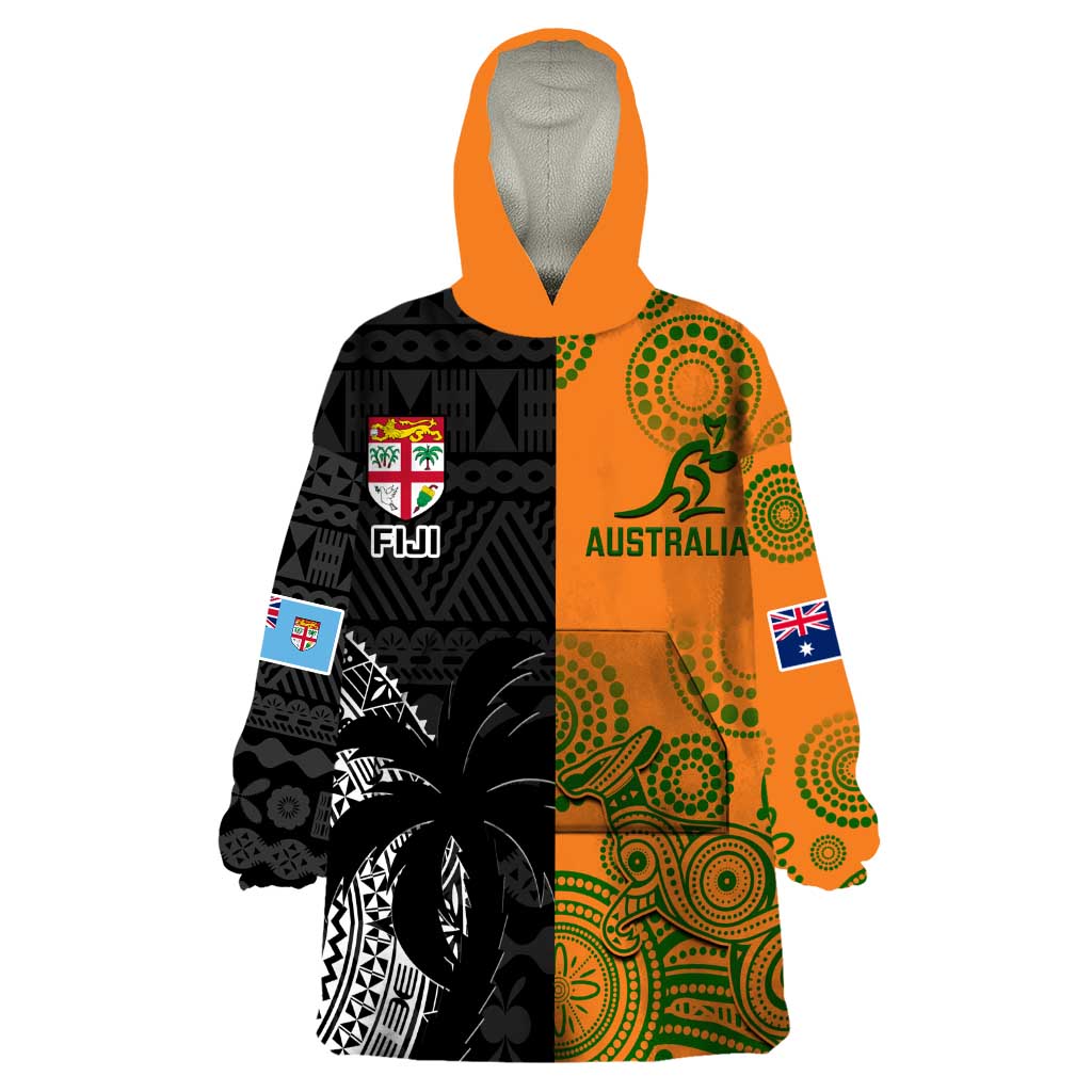 Custom Fiji And Australia Rugby Wearable Blanket Hoodie Fijian Tapa Pattern With Aussie Aboriginal Art - Vibe Hoodie Shop