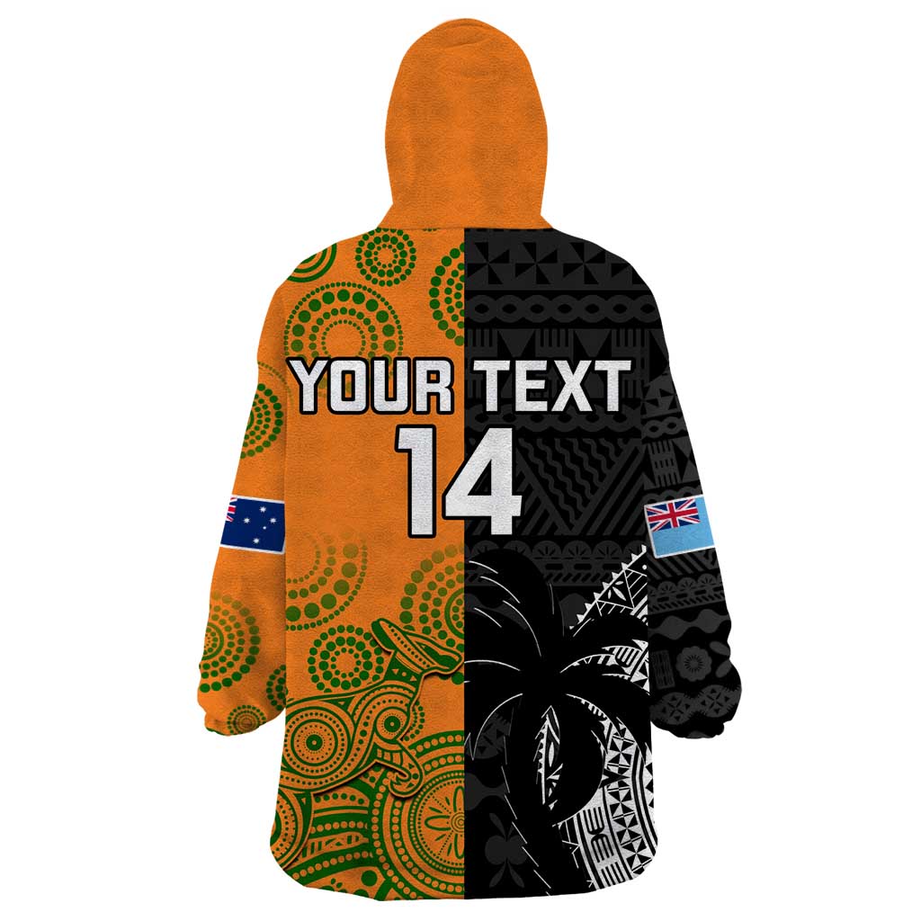 Custom Fiji And Australia Rugby Wearable Blanket Hoodie Fijian Tapa Pattern With Aussie Aboriginal Art - Vibe Hoodie Shop