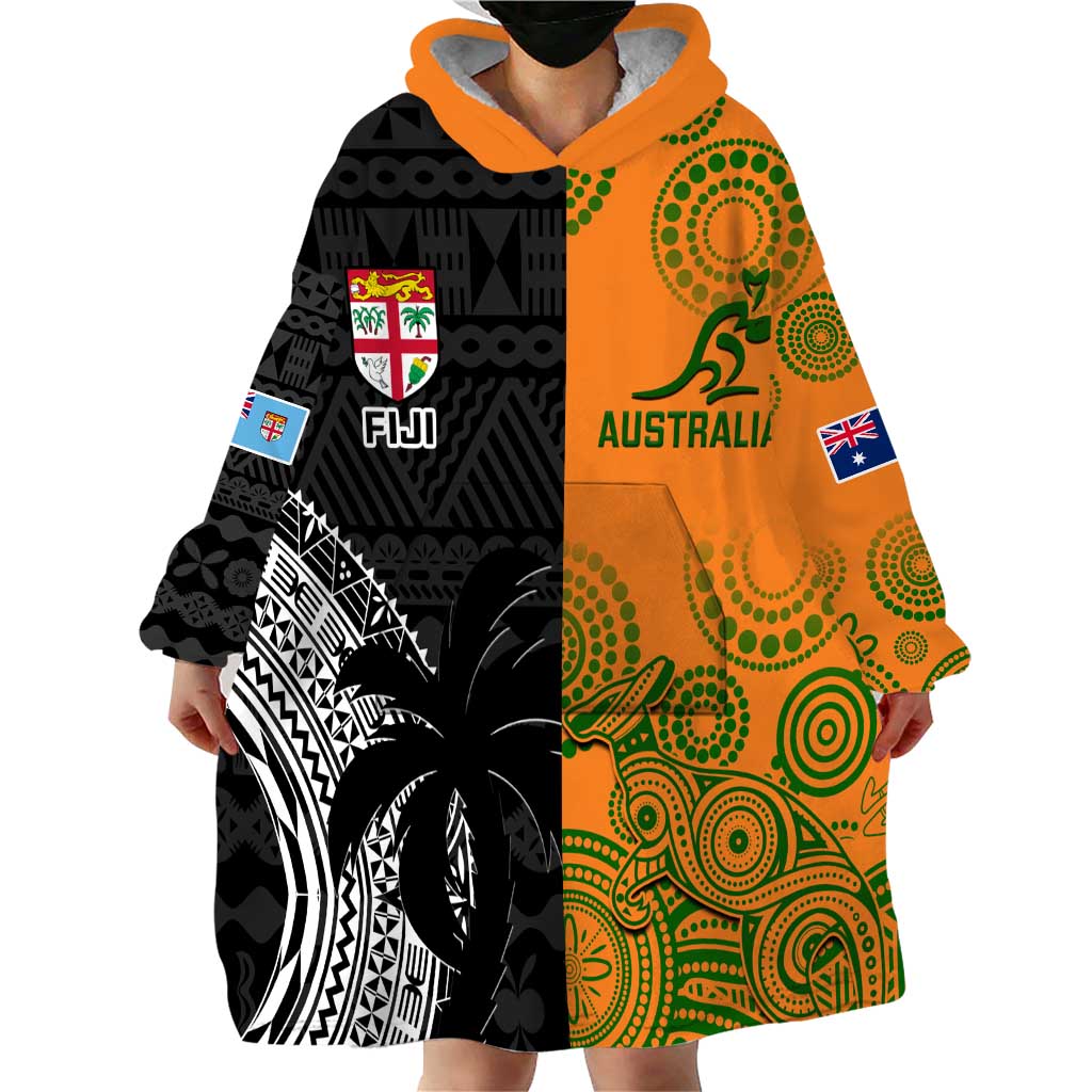 Custom Fiji And Australia Rugby Wearable Blanket Hoodie Fijian Tapa Pattern With Aussie Aboriginal Art - Vibe Hoodie Shop