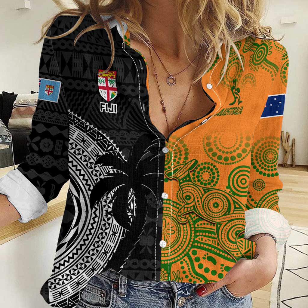 Custom Fiji And Australia Rugby Women Casual Shirt Fijian Tapa Pattern With Aussie Aboriginal Art - Vibe Hoodie Shop