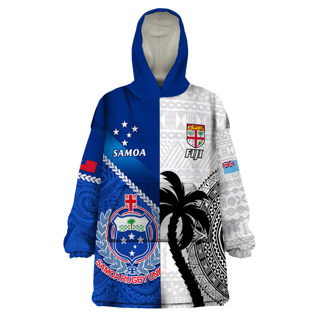 Fiji And Samoa Rugby Wearable Blanket Hoodie 2023 World Cup Samoan Mix Tapa Pattern - Vibe Hoodie Shop