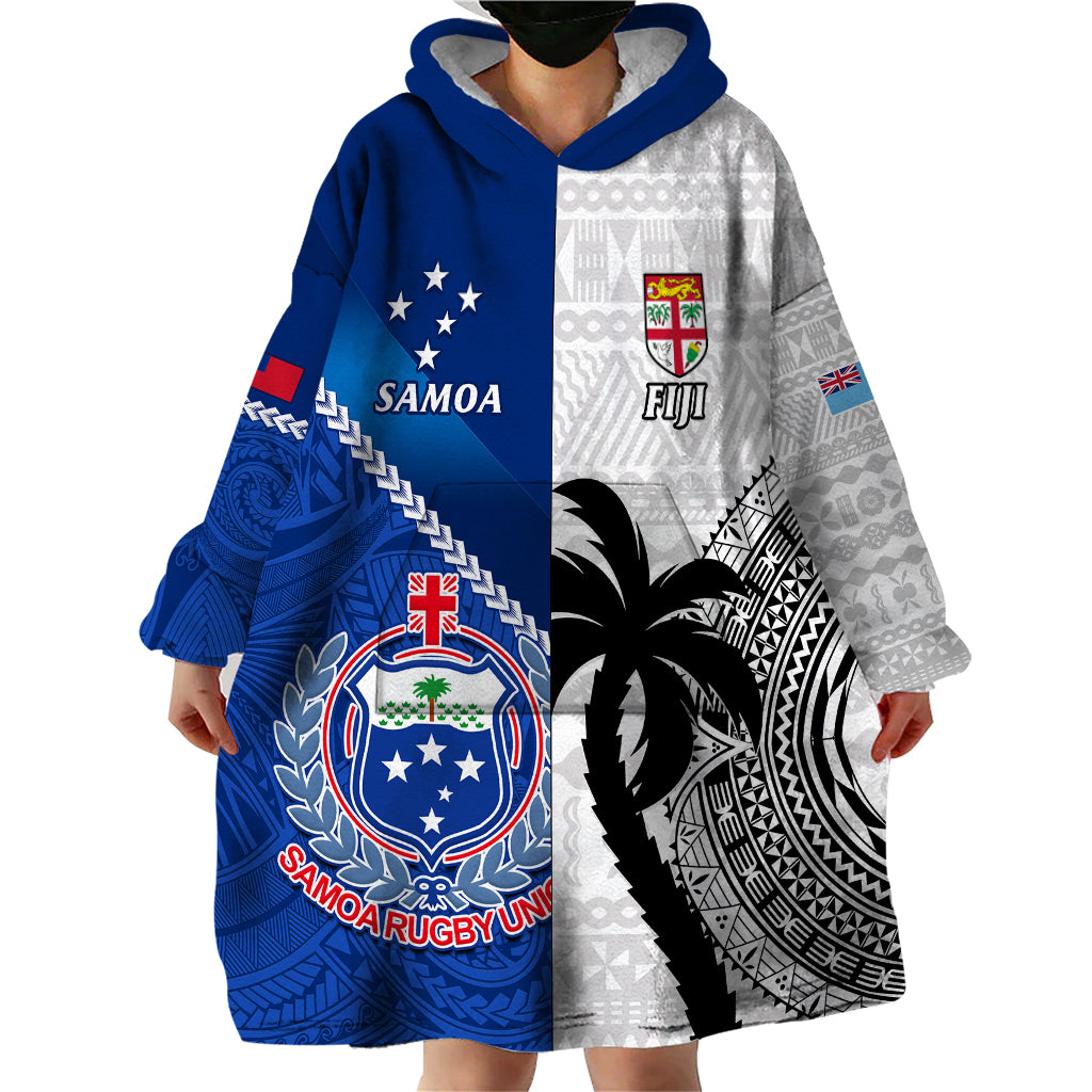 Fiji And Samoa Rugby Wearable Blanket Hoodie 2023 World Cup Samoan Mix Tapa Pattern - Vibe Hoodie Shop