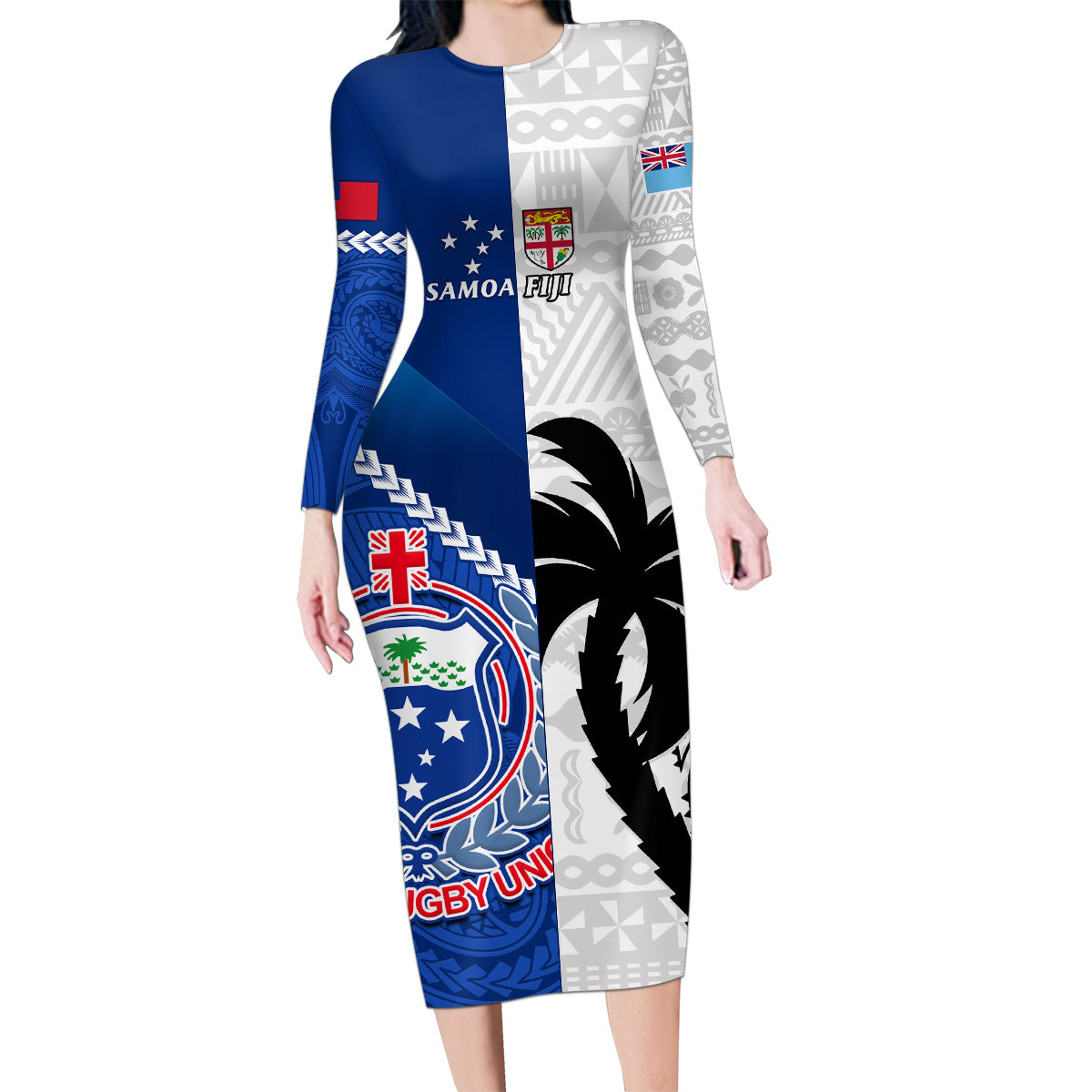 custom-fiji-and-samoa-rugby-family-matching-long-sleeve-bodycon-dress-and-hawaiian-shirt-2023-world-cup-samoan-mix-tapa-pattern