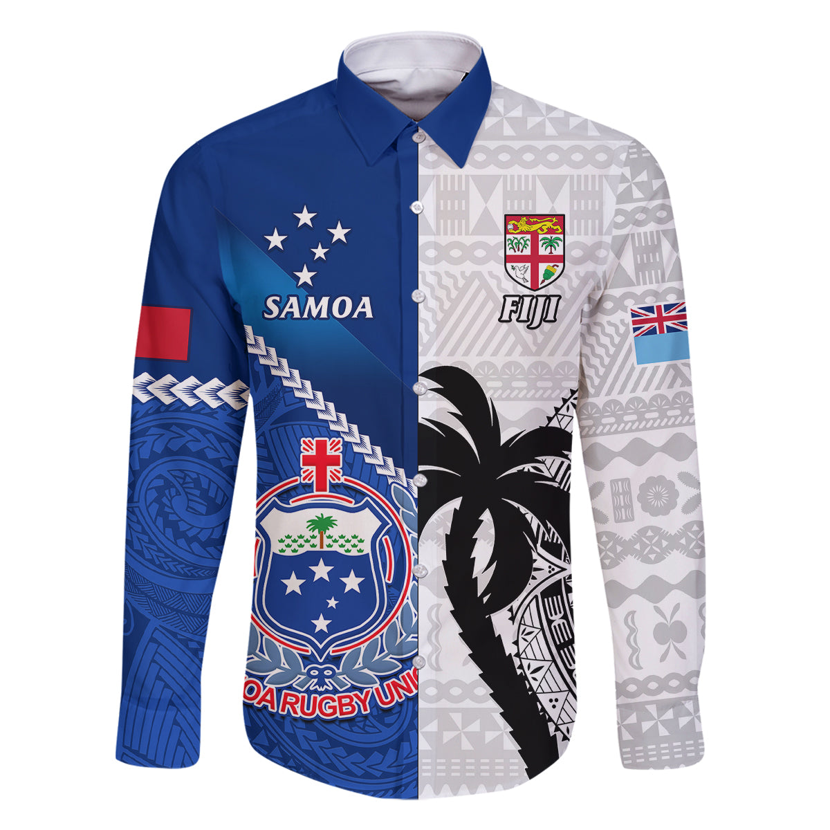 custom-fiji-and-samoa-rugby-family-matching-off-shoulder-short-dress-and-hawaiian-shirt-2023-world-cup-samoan-mix-tapa-pattern