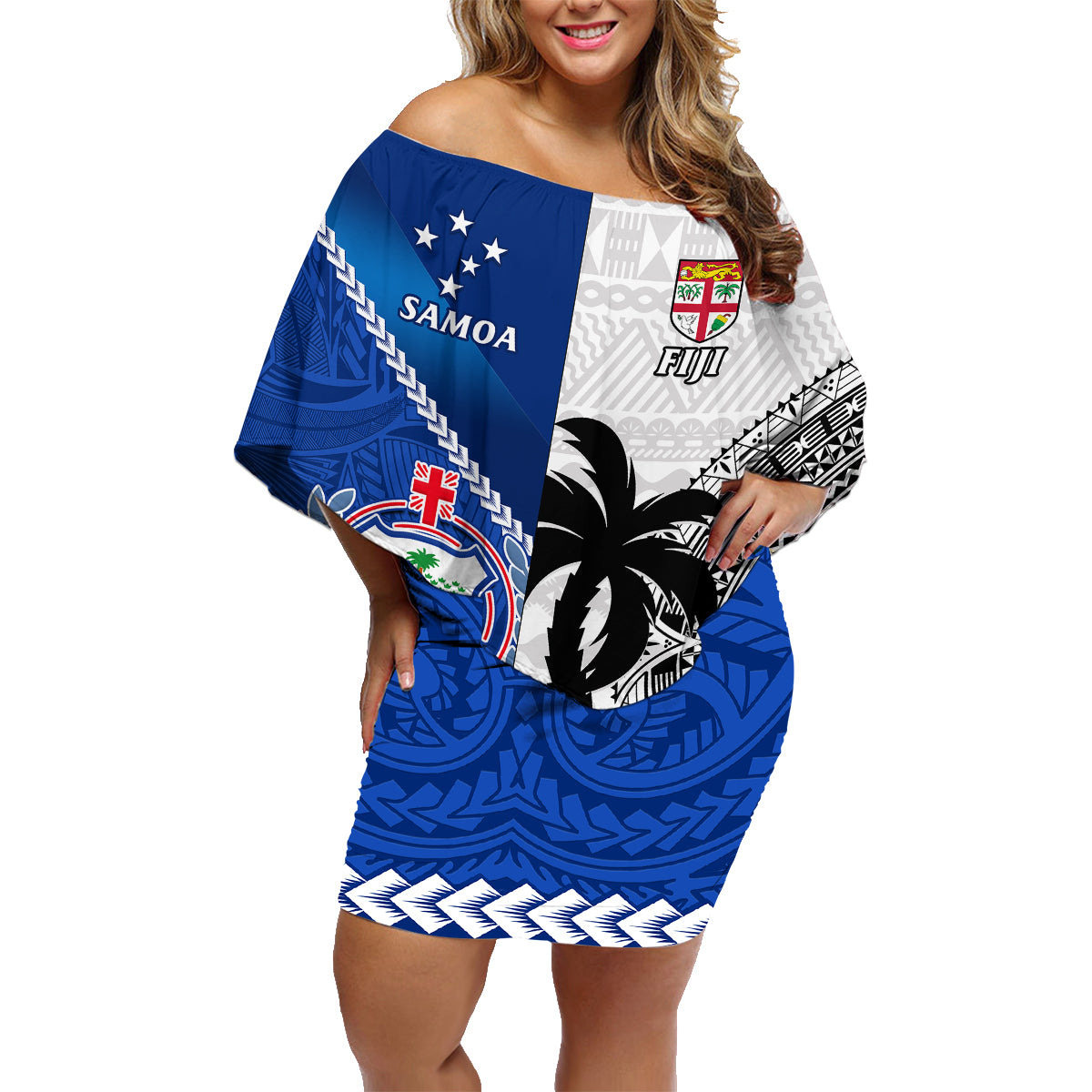 custom-fiji-and-samoa-rugby-family-matching-off-shoulder-short-dress-and-hawaiian-shirt-2023-world-cup-samoan-mix-tapa-pattern