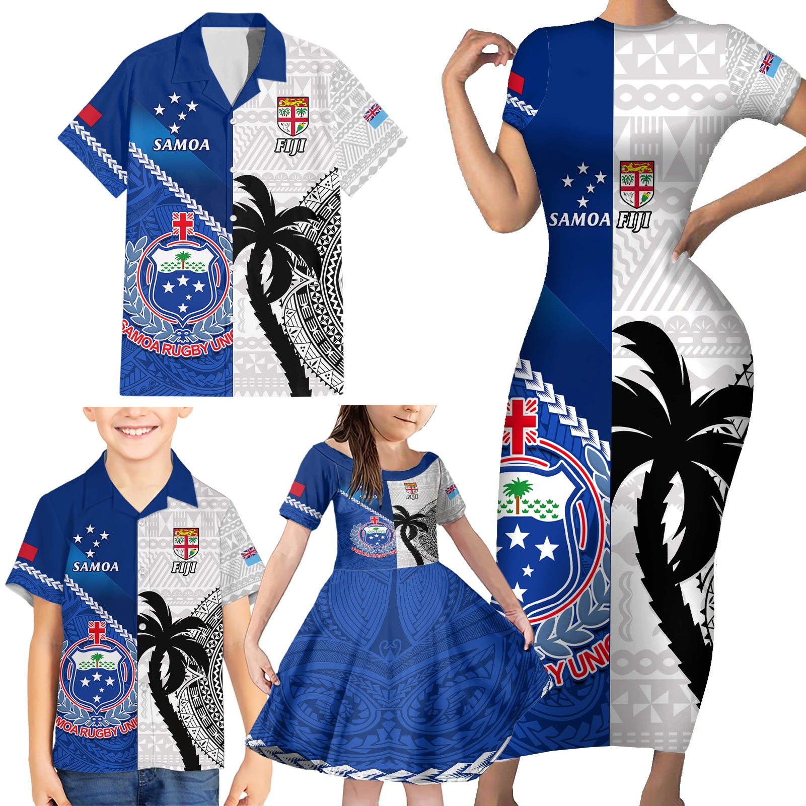 custom-fiji-and-samoa-rugby-family-matching-short-sleeve-bodycon-dress-and-hawaiian-shirt-2023-world-cup-samoan-mix-tapa-pattern