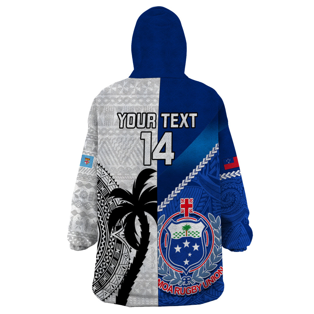 Custom Fiji And Samoa Rugby Wearable Blanket Hoodie 2023 World Cup Samoan Mix Tapa Pattern - Vibe Hoodie Shop