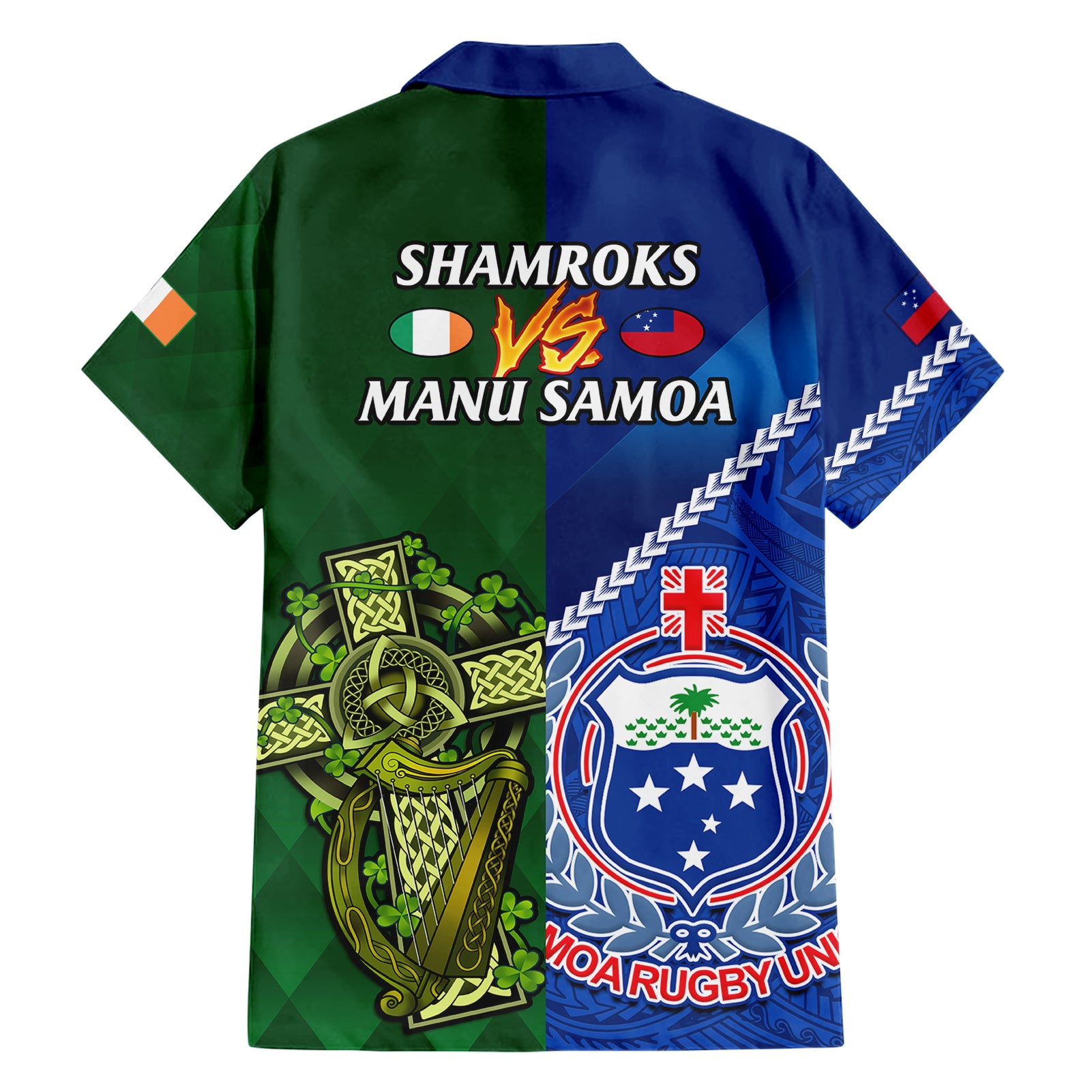 Samoa And Ireland Rugby Hawaiian Shirt 2023 World Cup Manu Samoa With Shamrocks - Vibe Hoodie Shop