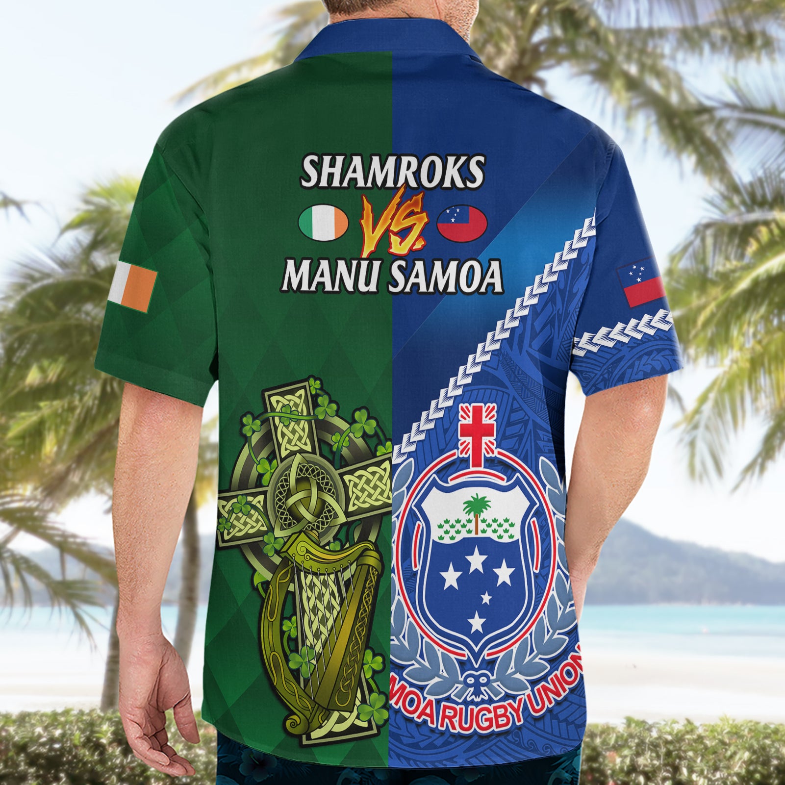 Samoa And Ireland Rugby Hawaiian Shirt 2023 World Cup Manu Samoa With Shamrocks - Vibe Hoodie Shop