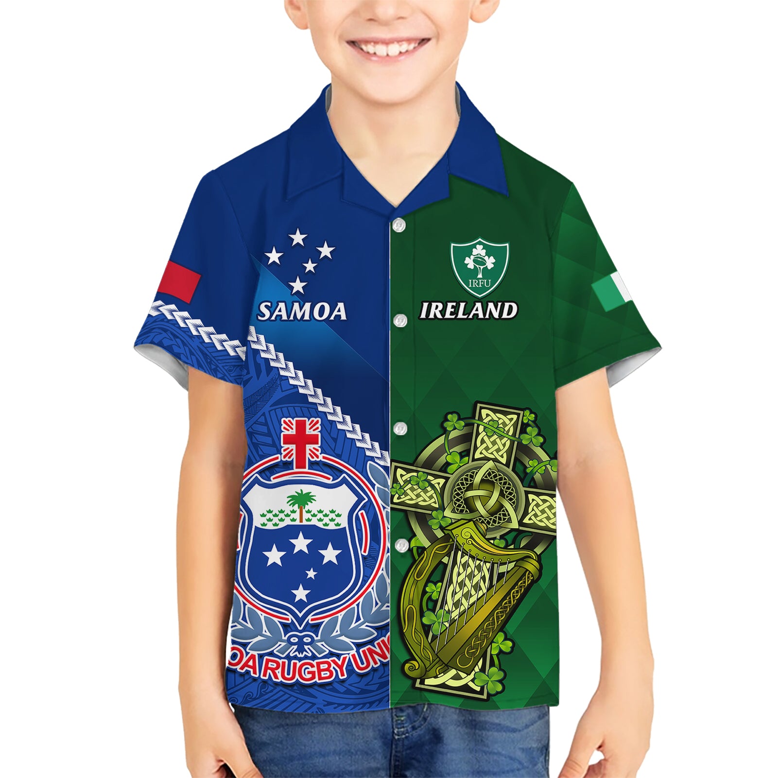 Samoa And Ireland Rugby Hawaiian Shirt 2023 World Cup Manu Samoa With Shamrocks - Vibe Hoodie Shop