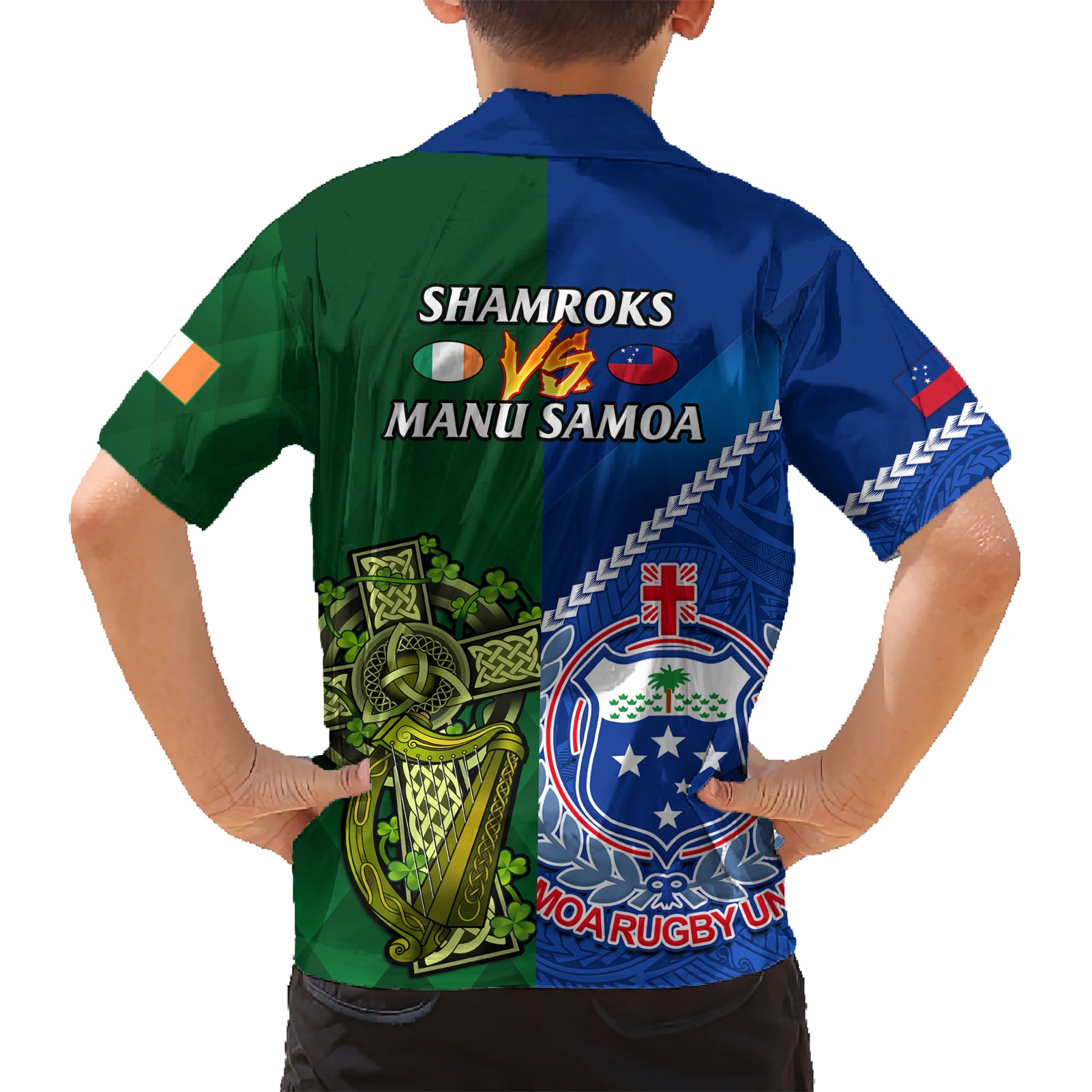 Samoa And Ireland Rugby Hawaiian Shirt 2023 World Cup Manu Samoa With Shamrocks - Vibe Hoodie Shop