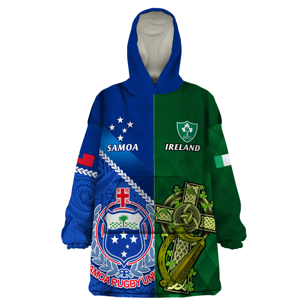 Samoa And Ireland Rugby Wearable Blanket Hoodie 2023 World Cup Manu Samoa With Shamrocks - Vibe Hoodie Shop