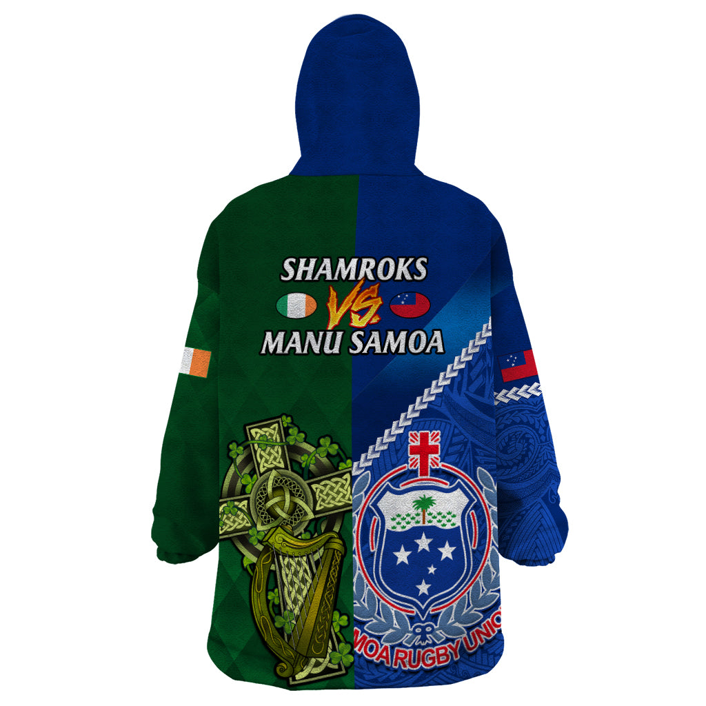 Samoa And Ireland Rugby Wearable Blanket Hoodie 2023 World Cup Manu Samoa With Shamrocks - Vibe Hoodie Shop