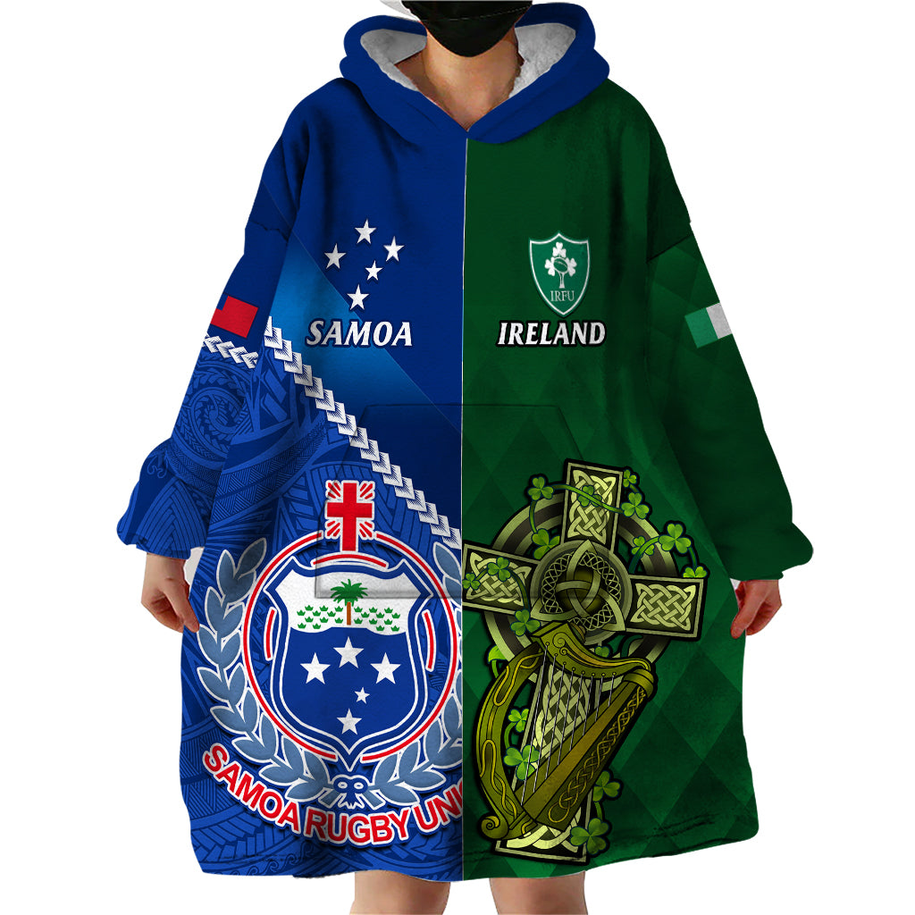 Samoa And Ireland Rugby Wearable Blanket Hoodie 2023 World Cup Manu Samoa With Shamrocks - Vibe Hoodie Shop