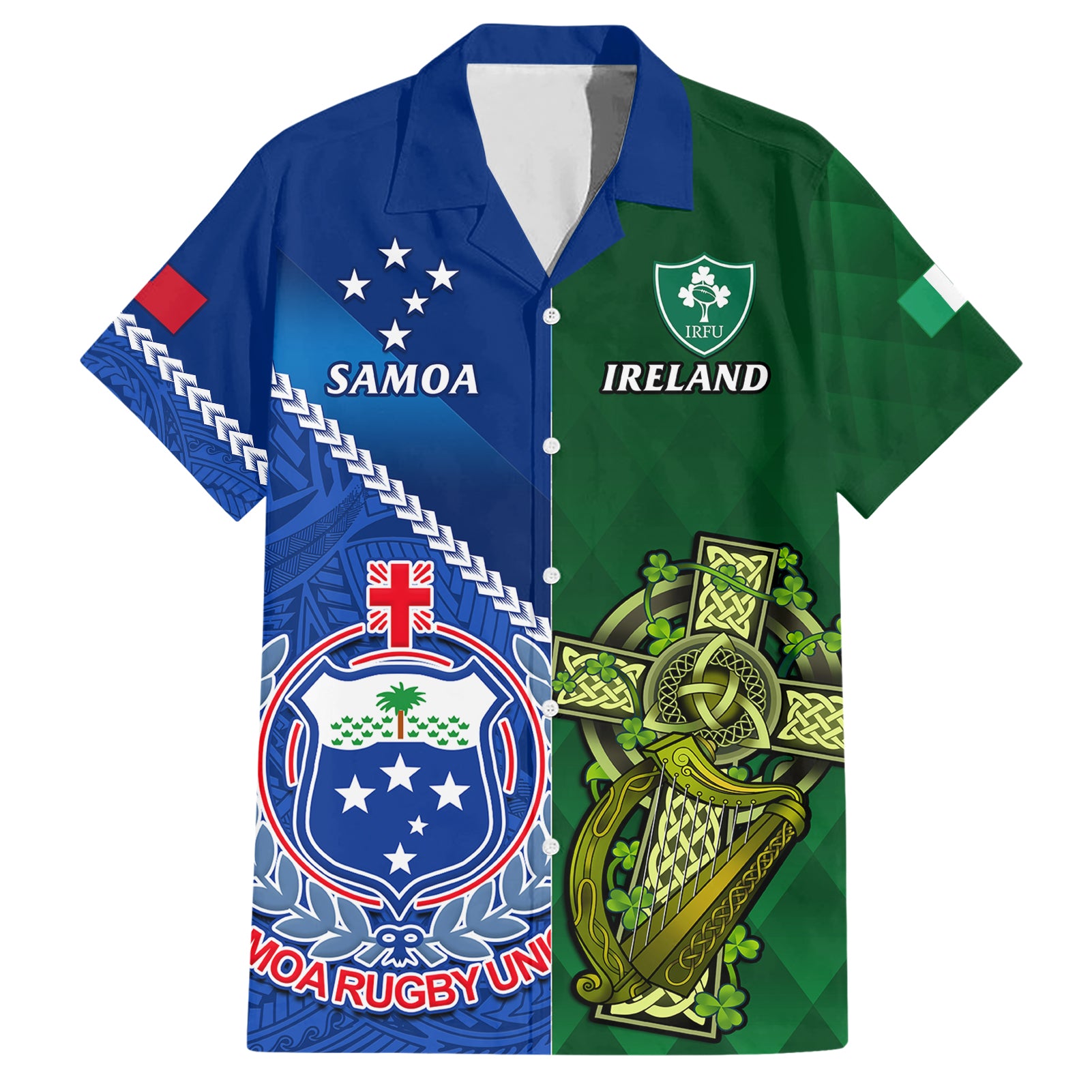 Custom Samoa And Ireland Rugby Hawaiian Shirt 2023 World Cup Manu Samoa With Shamrocks - Vibe Hoodie Shop