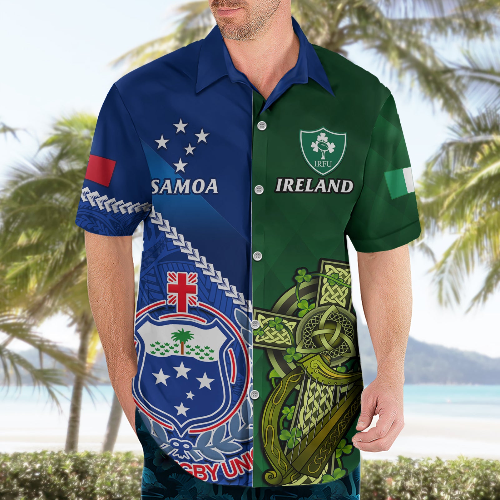 Custom Samoa And Ireland Rugby Hawaiian Shirt 2023 World Cup Manu Samoa With Shamrocks - Vibe Hoodie Shop