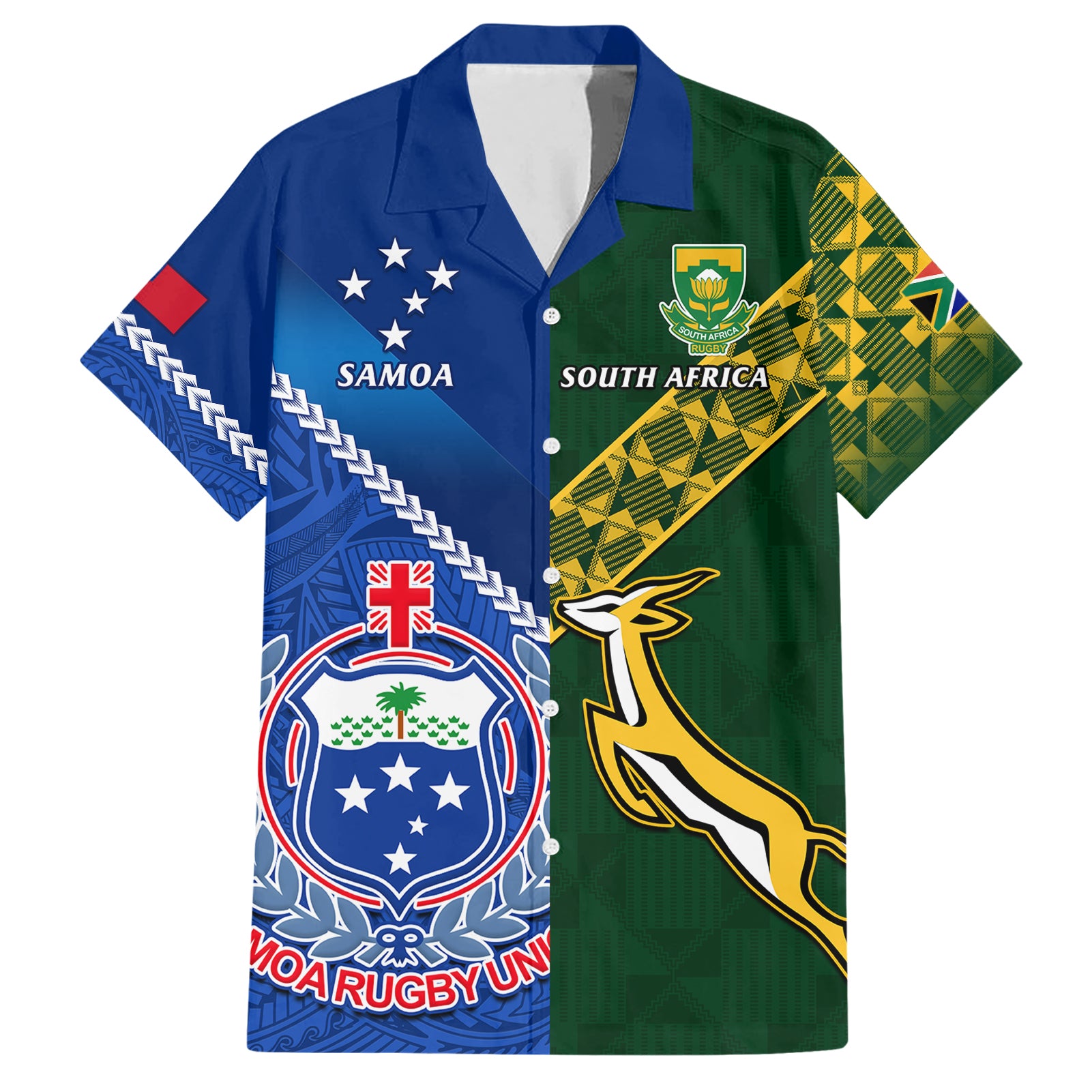 Samoa And South Africa Rugby Hawaiian Shirt 2023 World Cup Manu Samoa With Springboks - Vibe Hoodie Shop