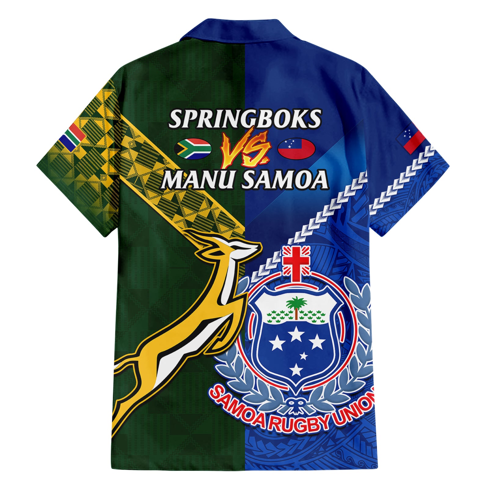 Samoa And South Africa Rugby Hawaiian Shirt 2023 World Cup Manu Samoa With Springboks - Vibe Hoodie Shop
