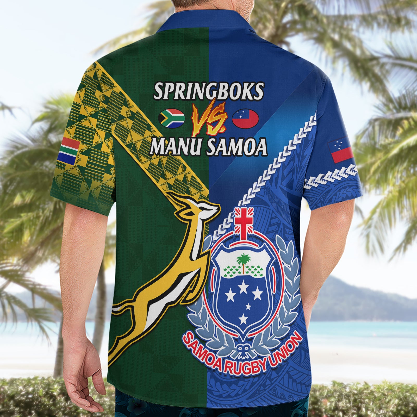 Samoa And South Africa Rugby Hawaiian Shirt 2023 World Cup Manu Samoa With Springboks - Vibe Hoodie Shop