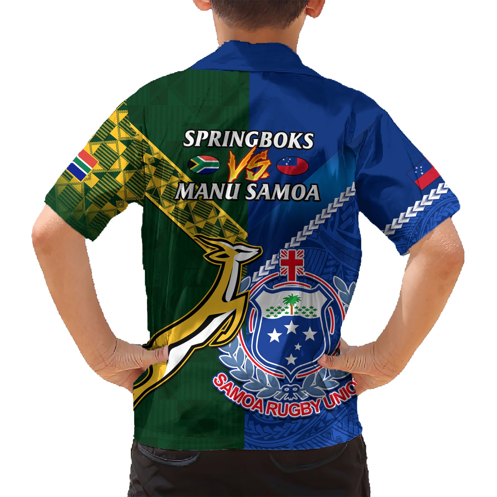 Samoa And South Africa Rugby Hawaiian Shirt 2023 World Cup Manu Samoa With Springboks - Vibe Hoodie Shop