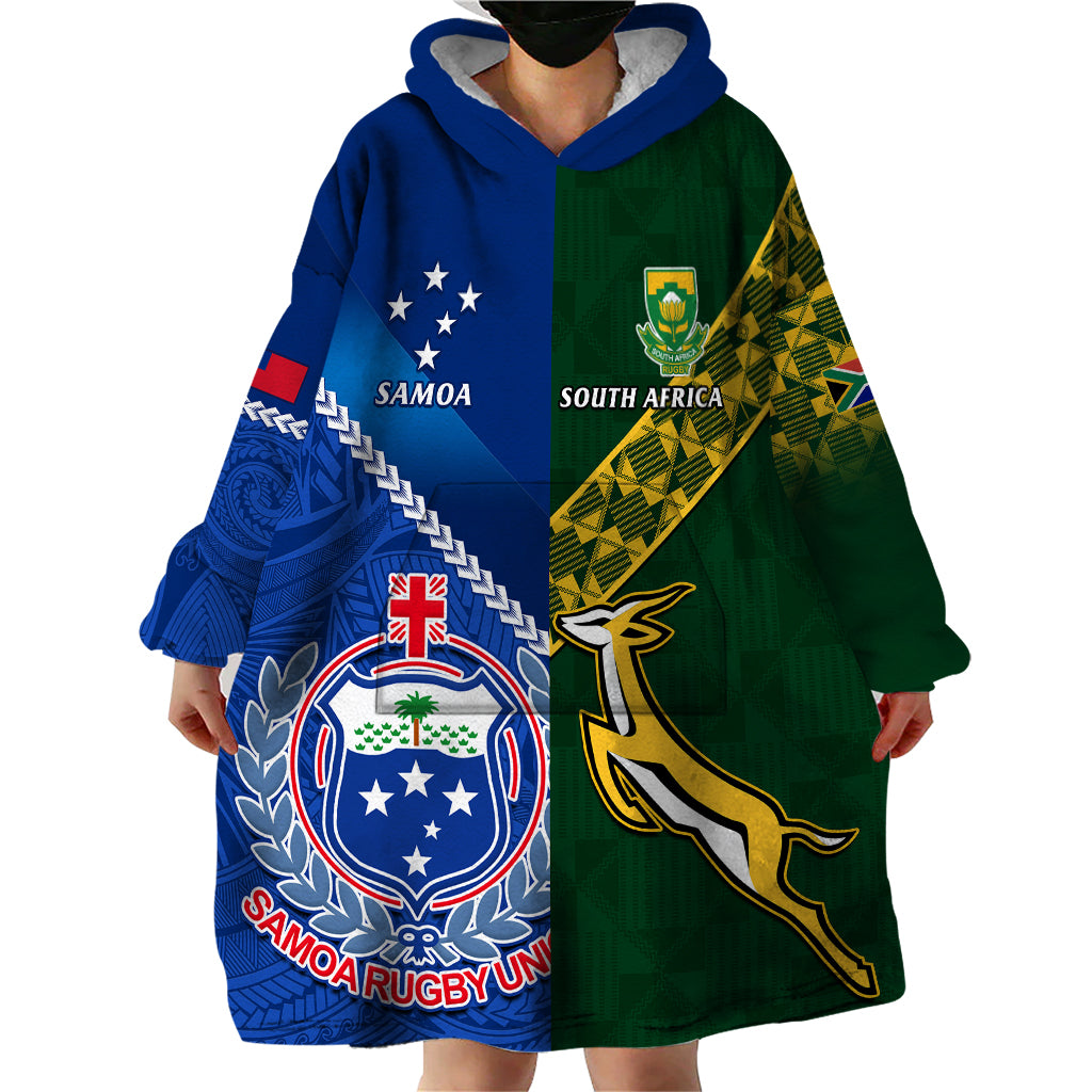 Samoa And South Africa Rugby Wearable Blanket Hoodie 2023 World Cup Manu Samoa With Springboks - Vibe Hoodie Shop