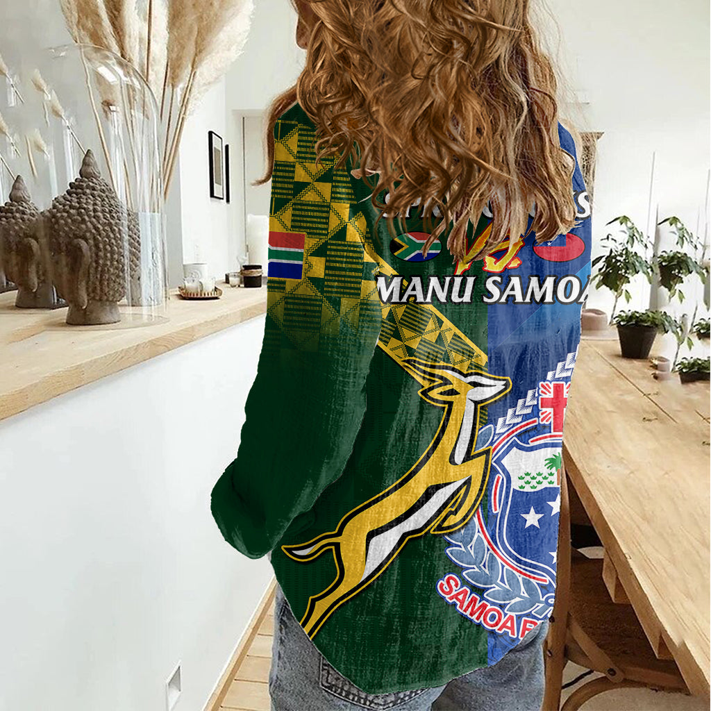 Samoa And South Africa Rugby Women Casual Shirt 2023 World Cup Manu Samoa With Springboks - Vibe Hoodie Shop