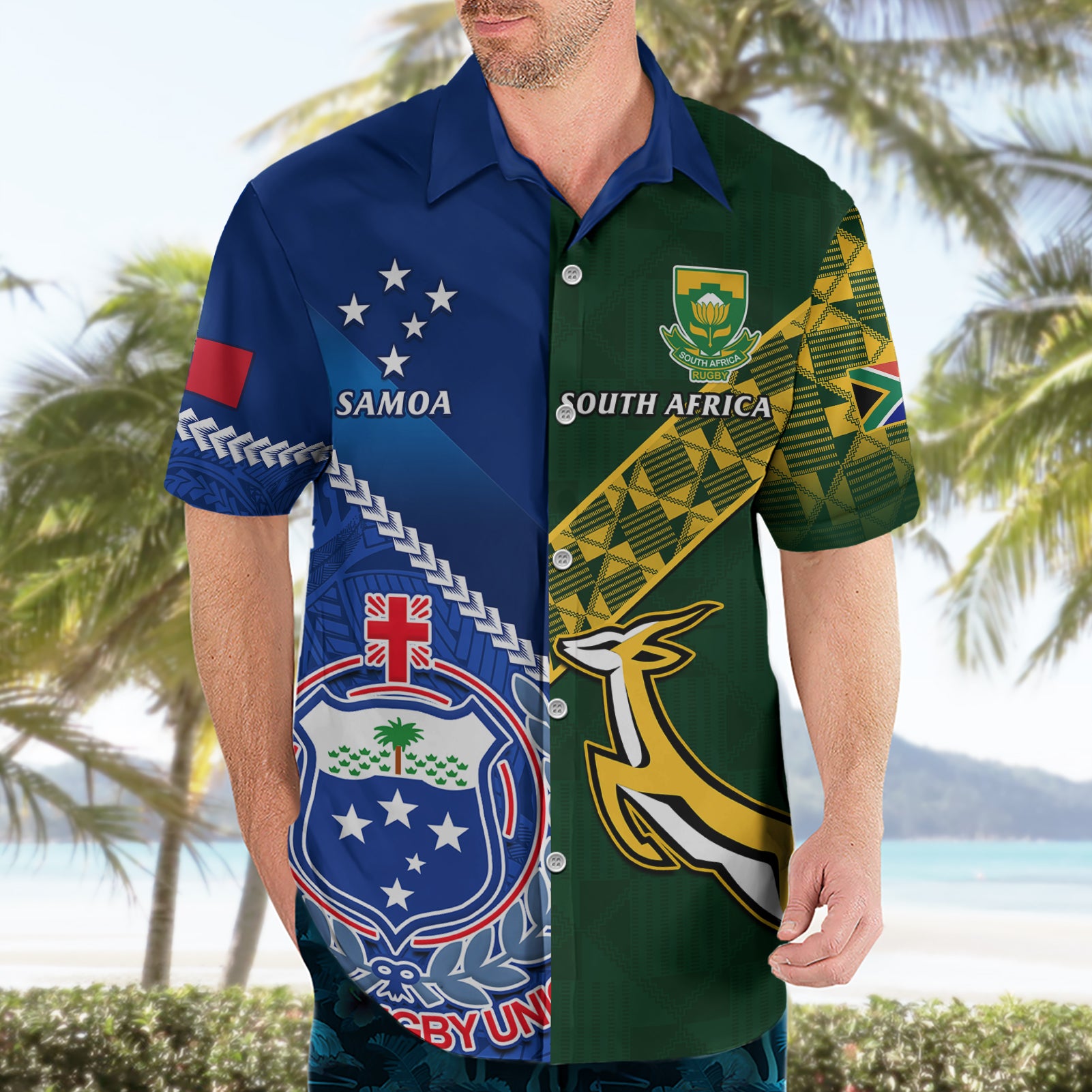 Custom Samoa And South Africa Rugby Hawaiian Shirt 2023 World Cup Manu Samoa With Springboks - Vibe Hoodie Shop