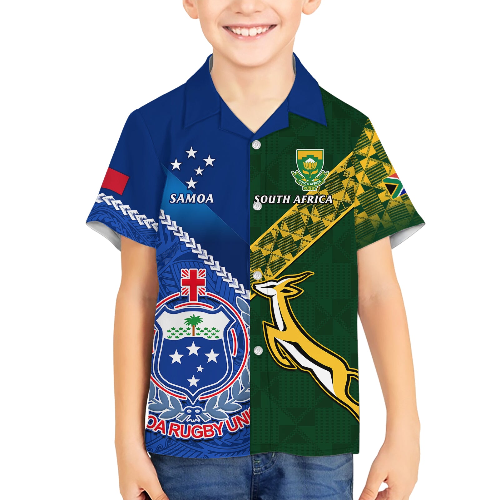 Custom Samoa And South Africa Rugby Hawaiian Shirt 2023 World Cup Manu Samoa With Springboks - Vibe Hoodie Shop