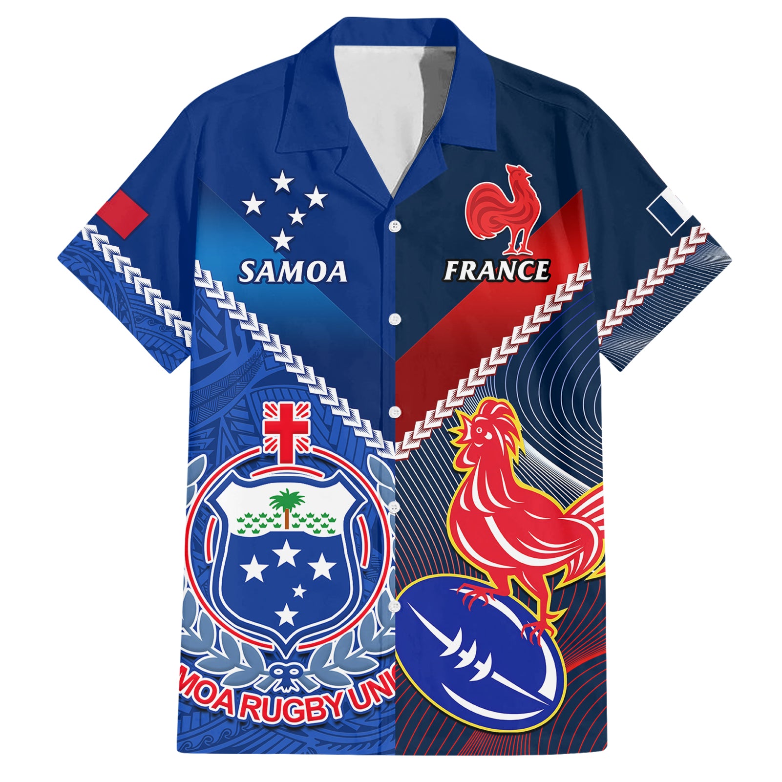 Samoa And France Rugby Hawaiian Shirt 2023 World Cup Manu Samoa With Les Bleus - Vibe Hoodie Shop