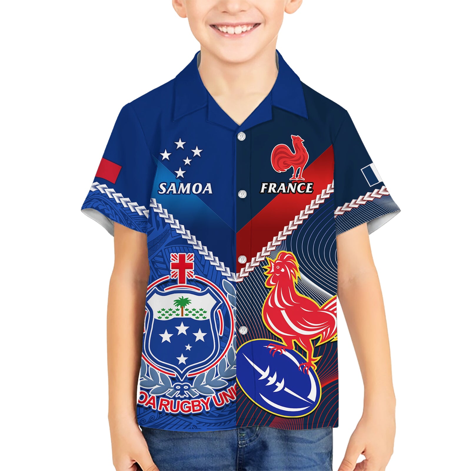 Samoa And France Rugby Hawaiian Shirt 2023 World Cup Manu Samoa With Les Bleus - Vibe Hoodie Shop