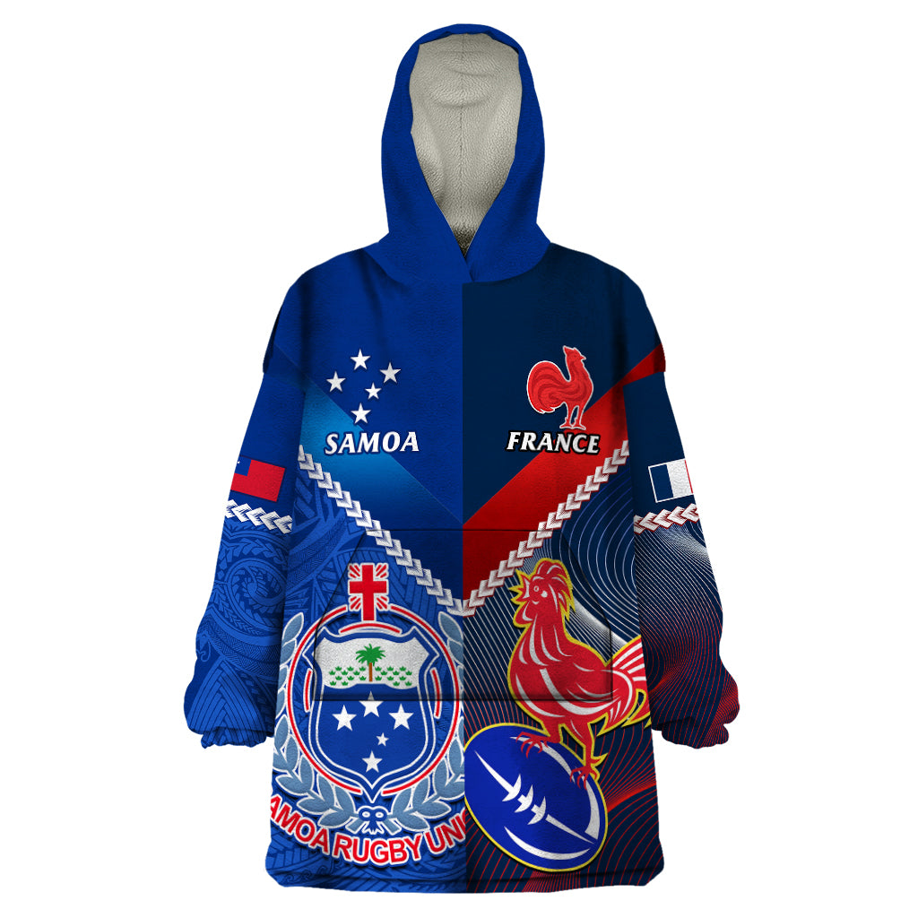 Samoa And France Rugby Wearable Blanket Hoodie 2023 World Cup Manu Samoa With Les Bleus - Vibe Hoodie Shop