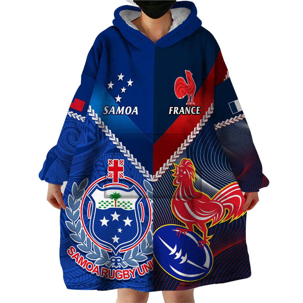 Samoa And France Rugby Wearable Blanket Hoodie 2023 World Cup Manu Samoa With Les Bleus - Vibe Hoodie Shop