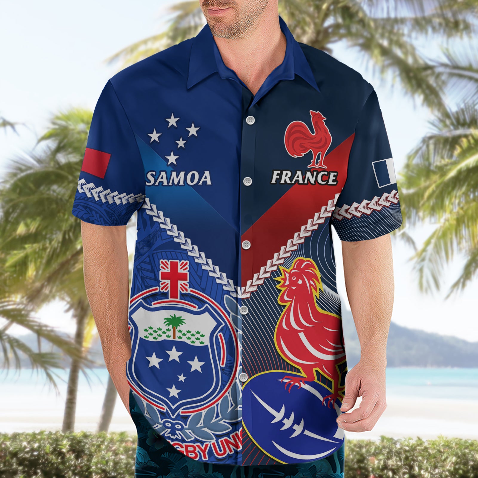 Custom Samoa And France Rugby Hawaiian Shirt 2023 World Cup Manu Samoa With Les Bleus - Vibe Hoodie Shop