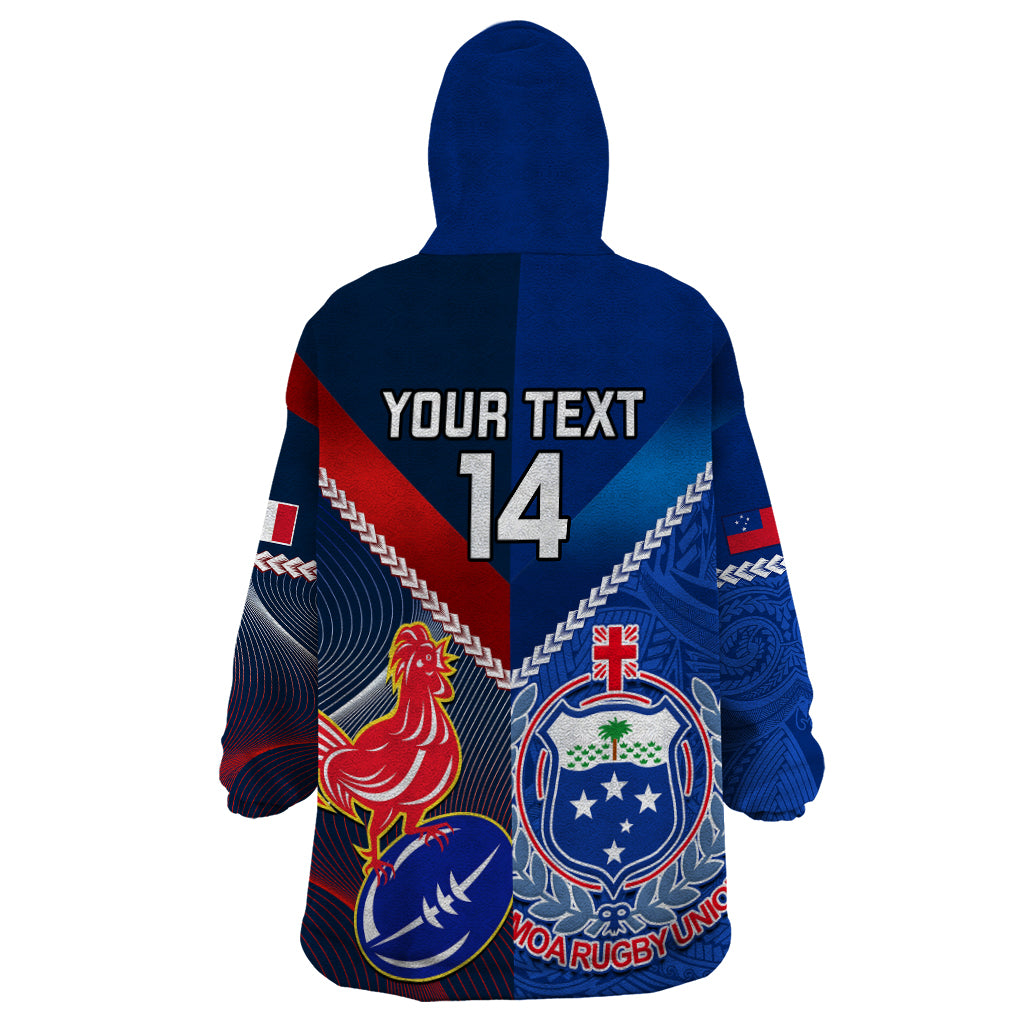 Custom Samoa And France Rugby Wearable Blanket Hoodie 2023 World Cup Manu Samoa With Les Bleus - Vibe Hoodie Shop