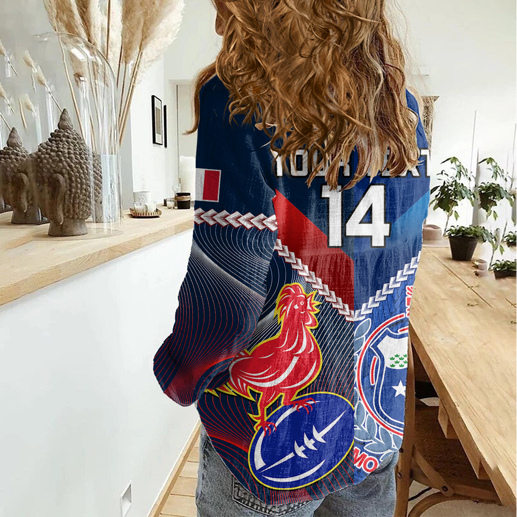 Custom Samoa And France Rugby Women Casual Shirt 2023 World Cup Manu Samoa With Les Bleus - Vibe Hoodie Shop