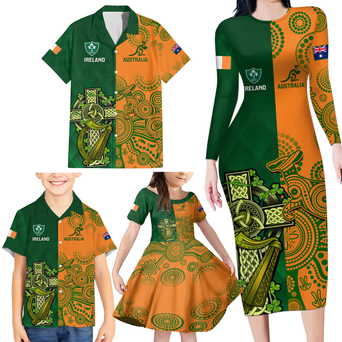 Australia And Ireland Rugby Family Matching Long Sleeve Bodycon Dress and Hawaiian Shirt 2023 World Cup Walllabies With Shamrocks LT14