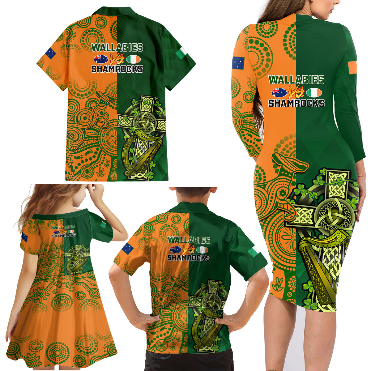 Australia And Ireland Rugby Family Matching Long Sleeve Bodycon Dress and Hawaiian Shirt 2023 World Cup Walllabies With Shamrocks LT14