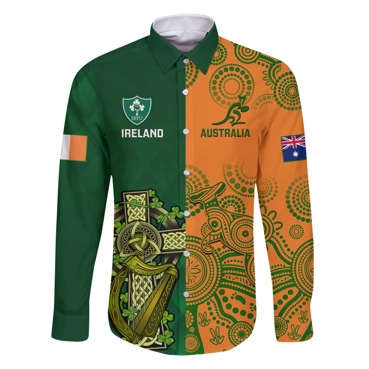 Australia And Ireland Rugby Family Matching Long Sleeve Bodycon Dress and Hawaiian Shirt 2023 World Cup Walllabies With Shamrocks LT14