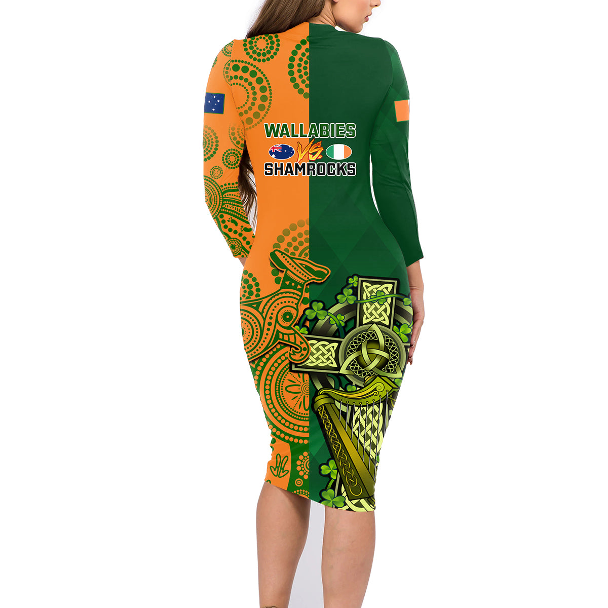 Australia And Ireland Rugby Family Matching Long Sleeve Bodycon Dress and Hawaiian Shirt 2023 World Cup Walllabies With Shamrocks LT14