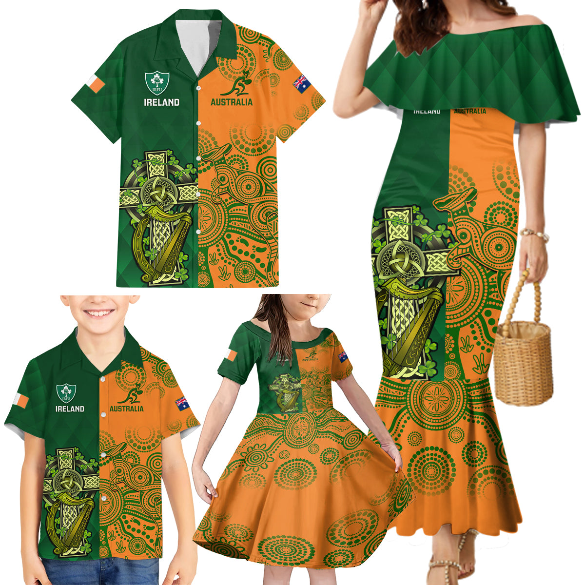 Australia And Ireland Rugby Family Matching Mermaid Dress and Hawaiian Shirt 2023 World Cup Walllabies With Shamrocks LT14