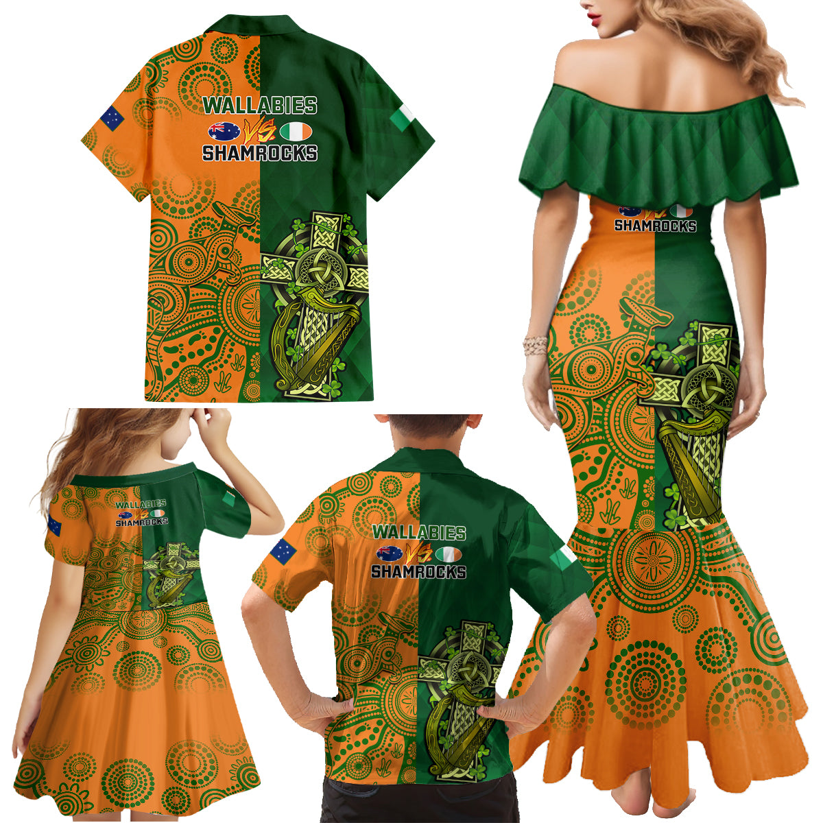 Australia And Ireland Rugby Family Matching Mermaid Dress and Hawaiian Shirt 2023 World Cup Walllabies With Shamrocks LT14