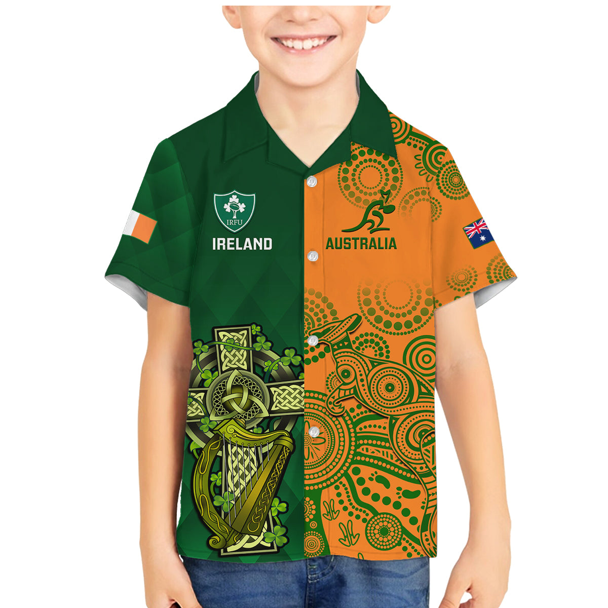 Australia And Ireland Rugby Family Matching Mermaid Dress and Hawaiian Shirt 2023 World Cup Walllabies With Shamrocks LT14