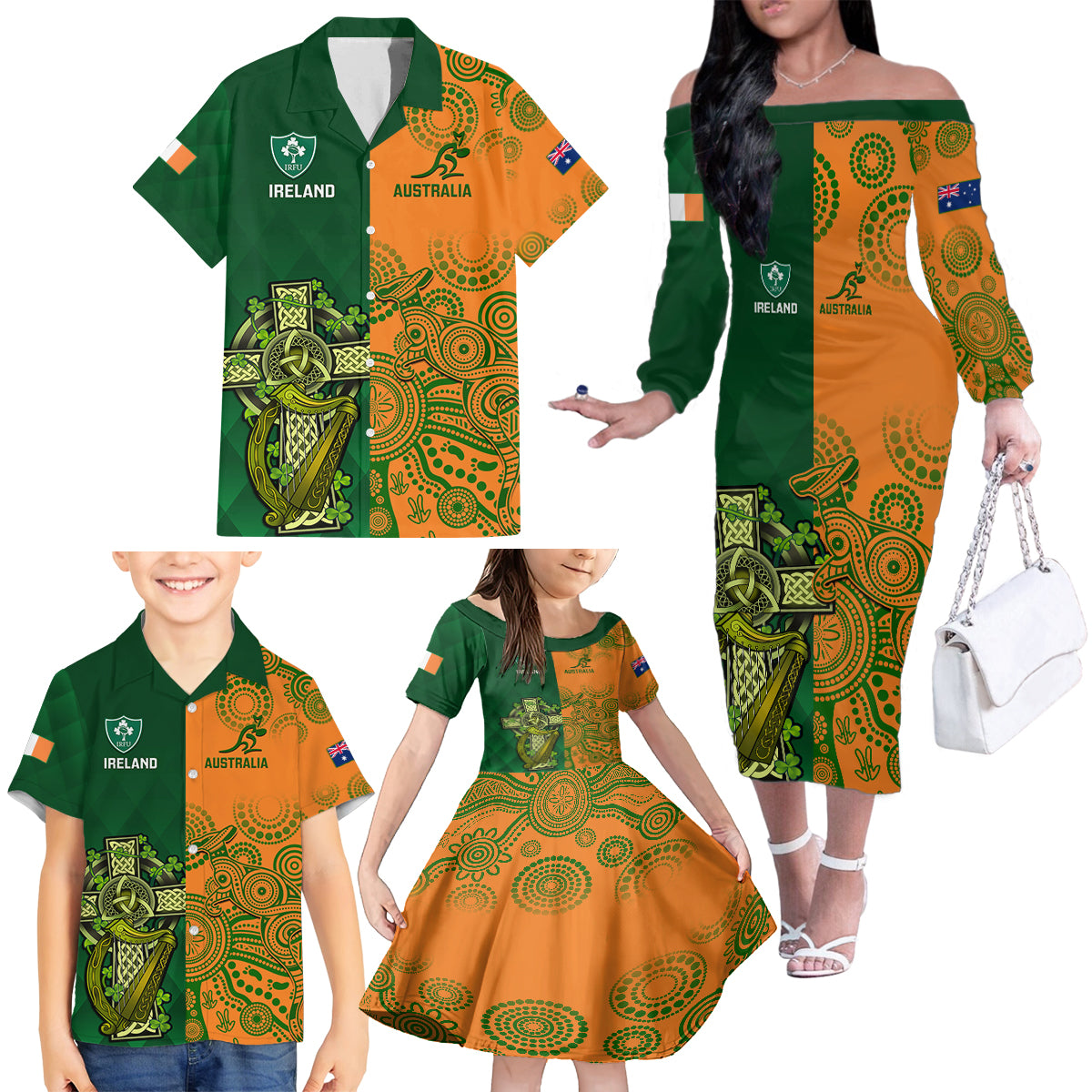 Australia And Ireland Rugby Family Matching Off Shoulder Long Sleeve Dress and Hawaiian Shirt 2023 World Cup Walllabies With Shamrocks LT14