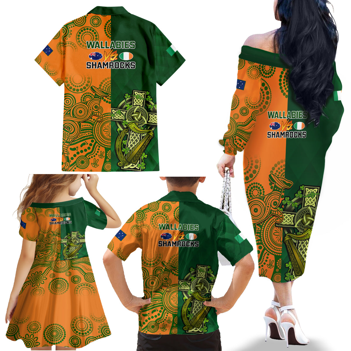 Australia And Ireland Rugby Family Matching Off Shoulder Long Sleeve Dress and Hawaiian Shirt 2023 World Cup Walllabies With Shamrocks LT14