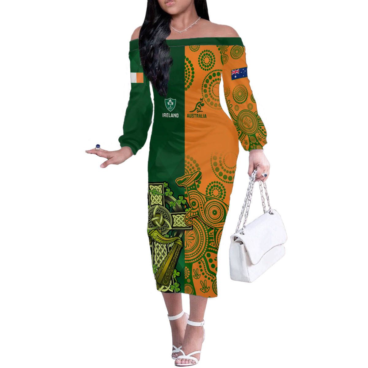 Australia And Ireland Rugby Family Matching Off Shoulder Long Sleeve Dress and Hawaiian Shirt 2023 World Cup Walllabies With Shamrocks LT14