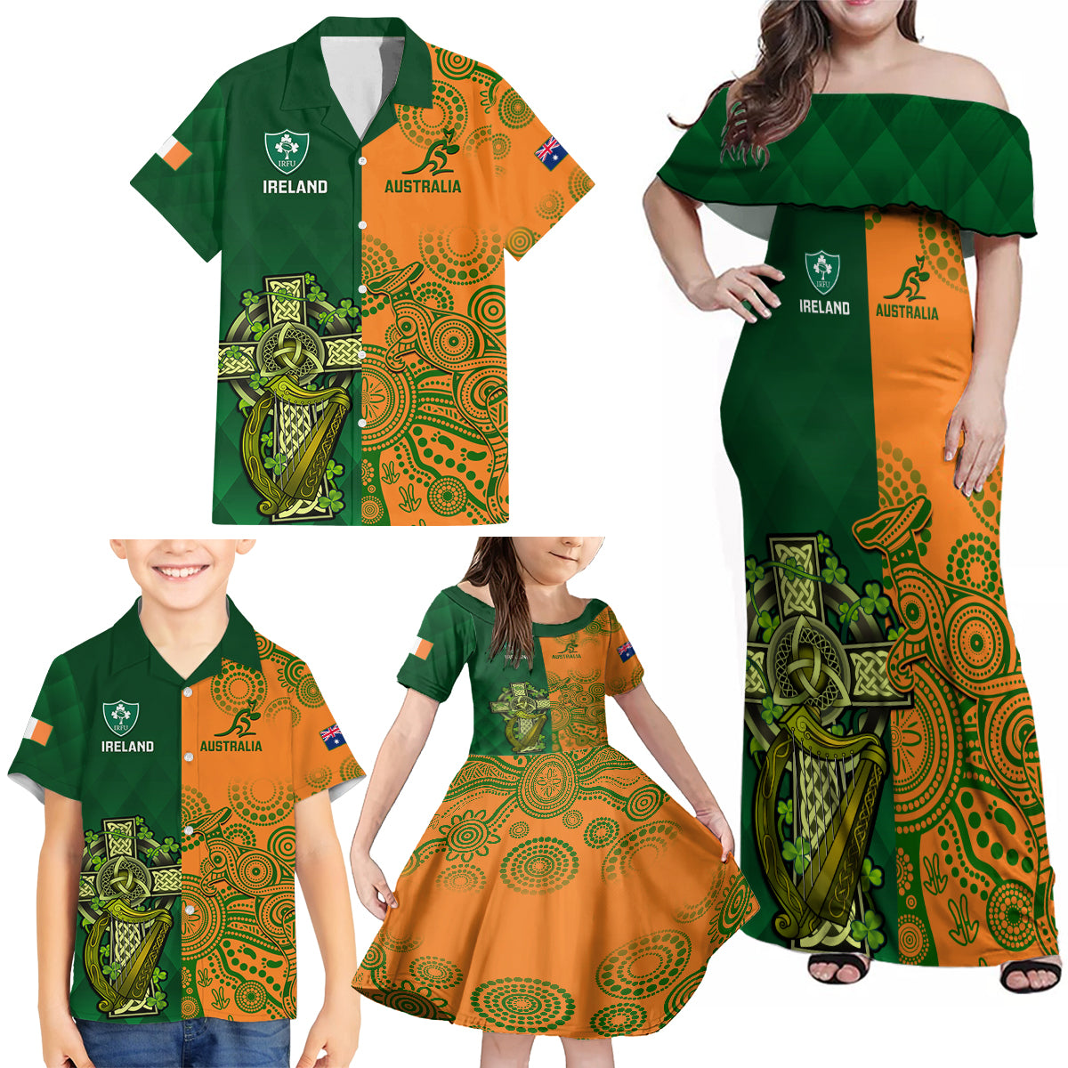 Australia And Ireland Rugby Family Matching Off Shoulder Maxi Dress and Hawaiian Shirt 2023 World Cup Walllabies With Shamrocks LT14